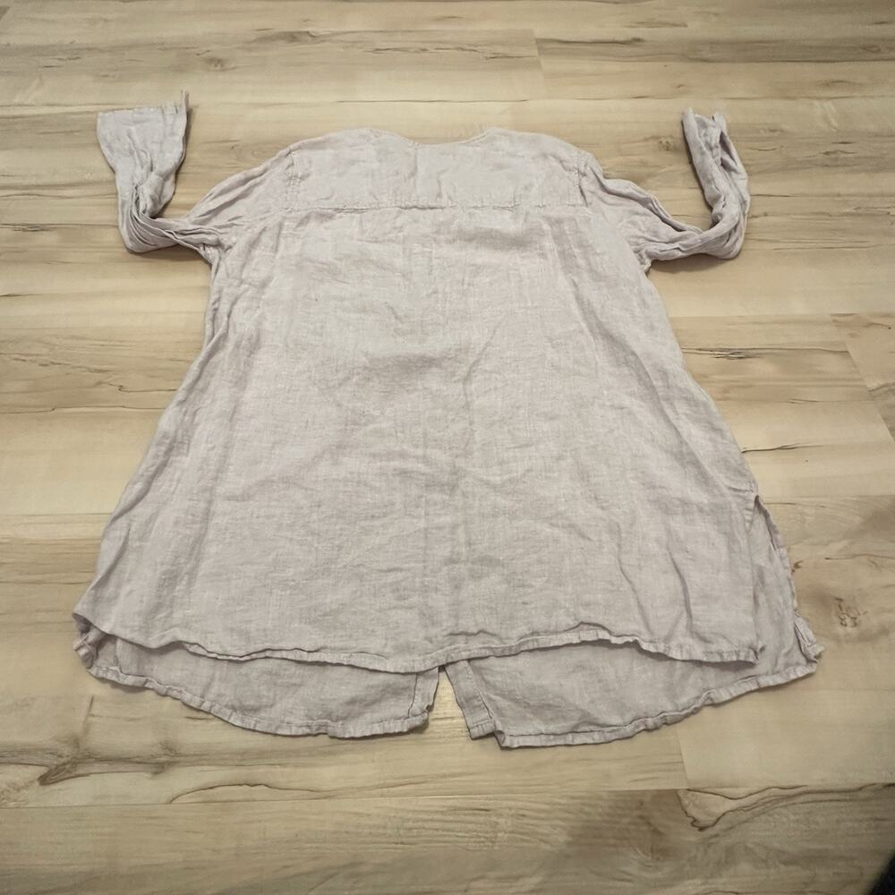 Tahari 1X Top Tunic Linen Button Down Long‎ Sleeve Roll Tab Taupe Coastal Lagum - Picture 2 of 8